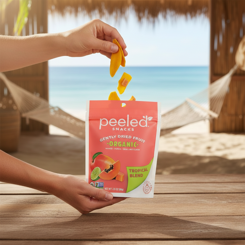 Photograph of a hand dropping bright yellow dried mango into a vibrant orange Peeled Snacks Organic Tropical Blend bag with mango and papaya graphics, on a wooden deck overlooking a tropical beach with a blurred blue ocean and a thatched roof hut and hammock