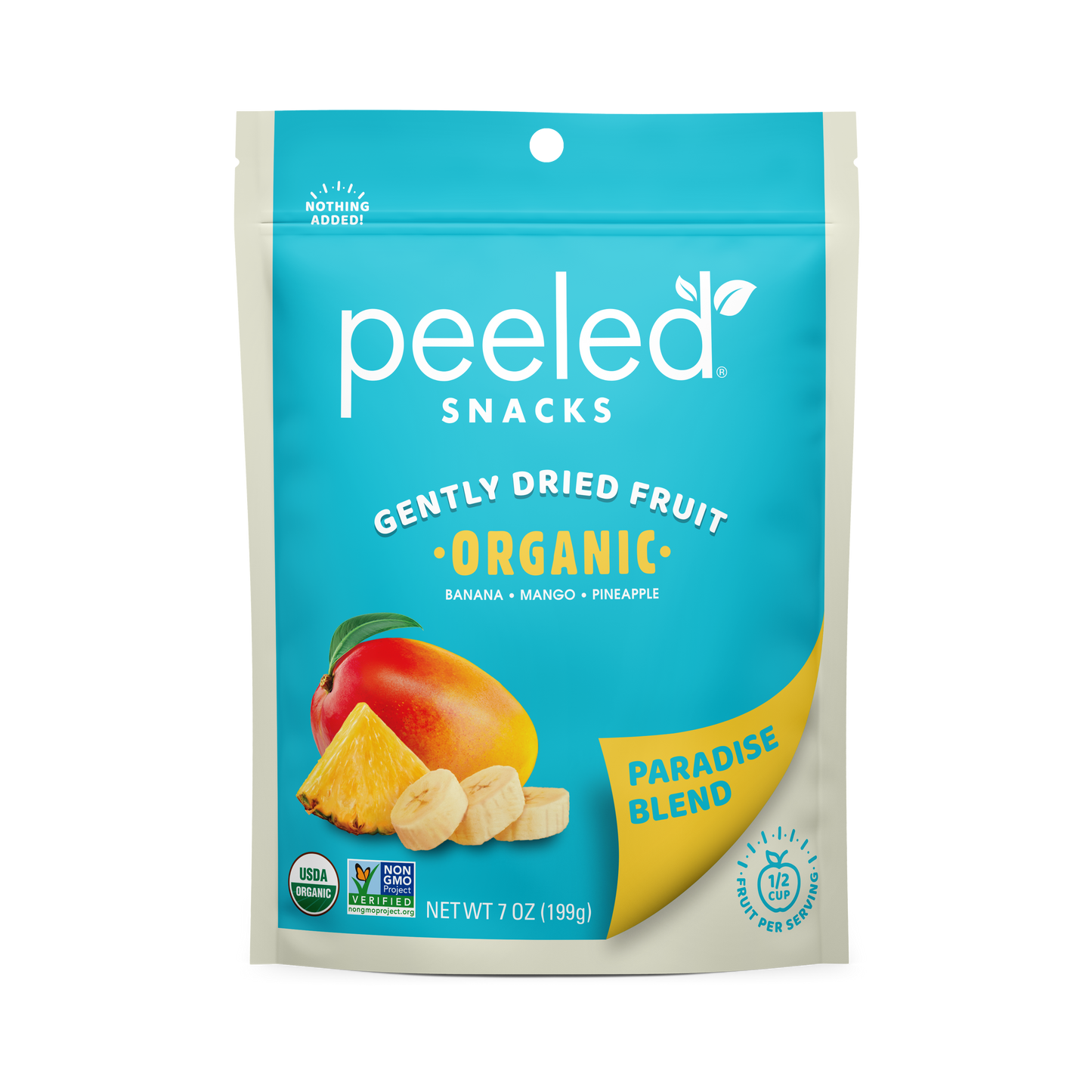 Peeled Snacks Gently Dried Fruit Paradise Blend organic food packaging, a vibrant turquoise blue stand-up pouch featuring illustrations of a ripe mango, pineapple wedge, and banana slices, with a yellow Paradise Blend label