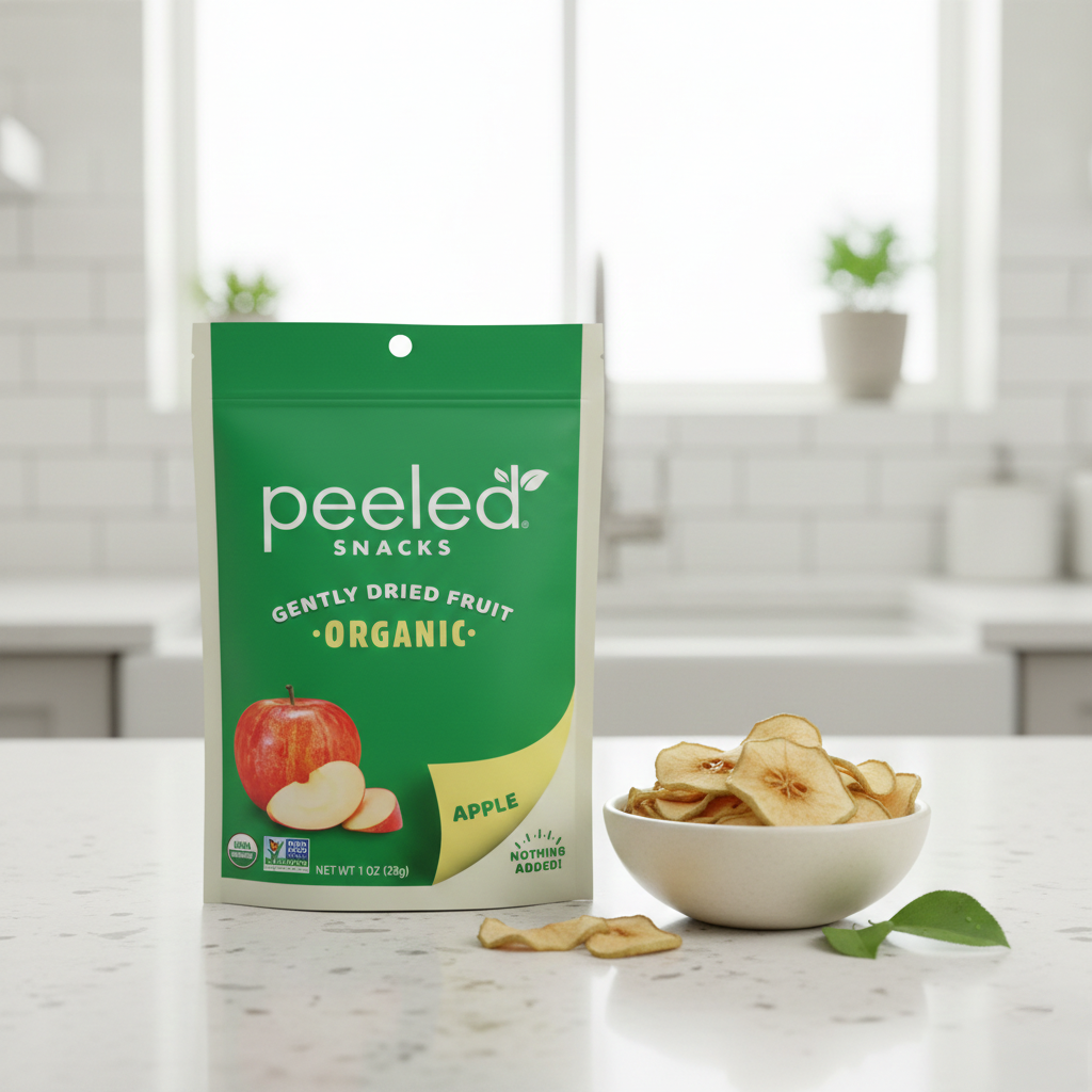 A vibrant green and cream Peeled Snacks Organic Gently Dried Fruit Apple bag, featuring a red apple illustration, stands on a bright white kitchen counter next to a white bowl overflowing with golden-brown dried apple slices and a fresh green apple leaf