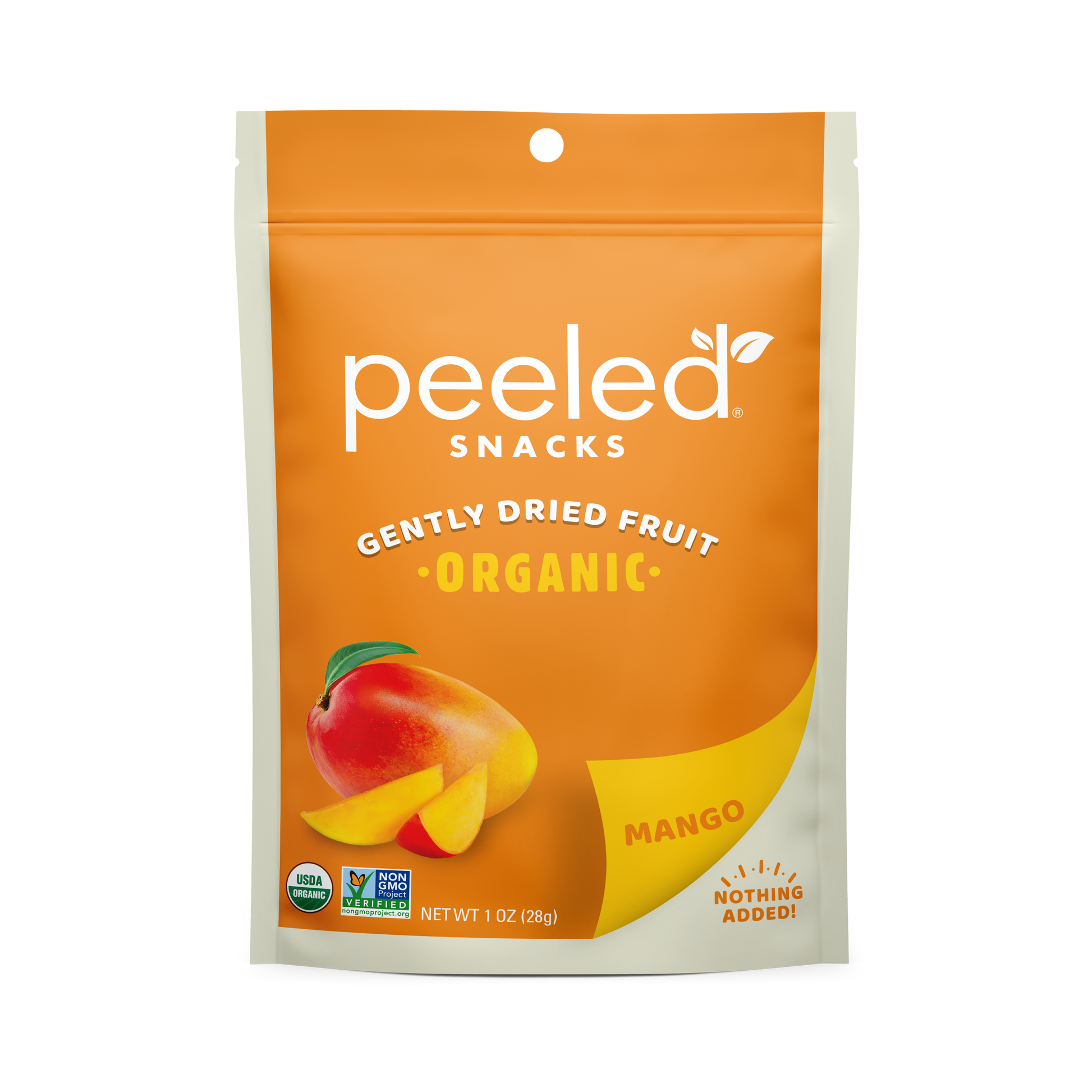 Peeled Snacks Gently Dried Organic Mango packaging featuring a bright orange and white pouch with a vibrant mango illustration, USDA Organic and Non-GMO Project Verified seals, and "Nothing Added!" text on a white background