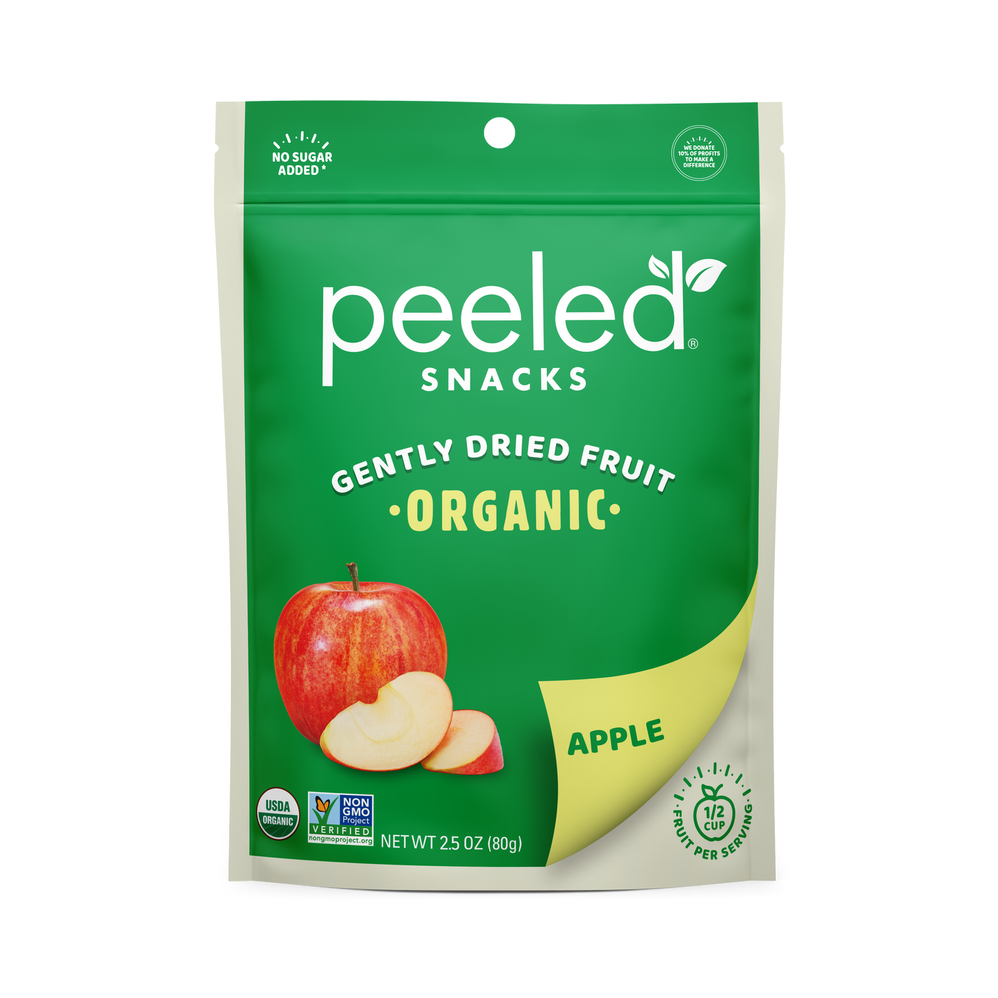Peeled Snacks Gently Dried Fruit Organic Apple product bag in green and cream, featuring a whole red apple with two slices, and prominent "No Sugar Added" "USDA Organic" and "Non-GMO Project Verified" labels