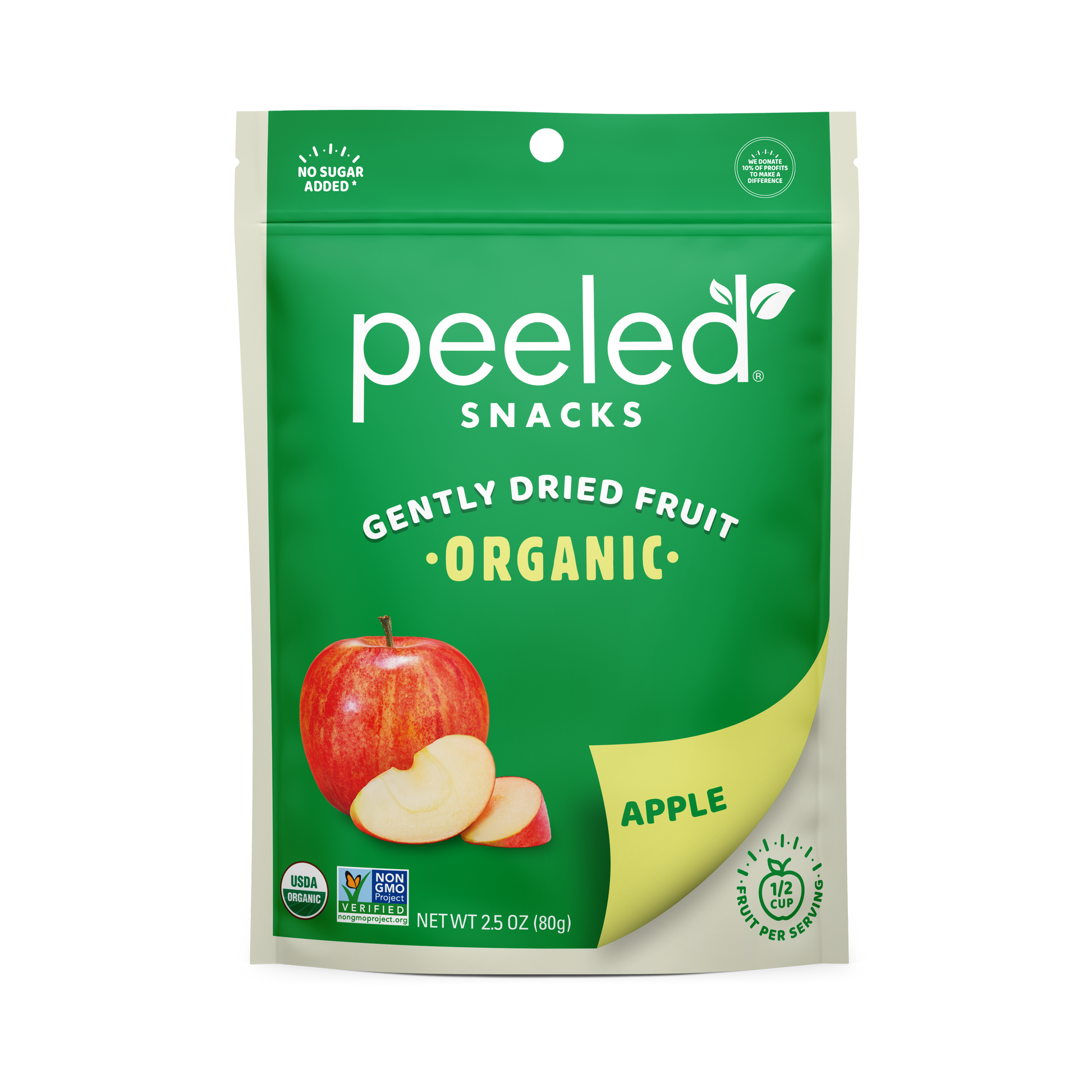 Peeled Snacks Gently Dried Fruit Organic Apple product bag in green and cream, featuring a whole red apple with two slices, and prominent "No Sugar Added" "USDA Organic" and "Non-GMO Project Verified" labels