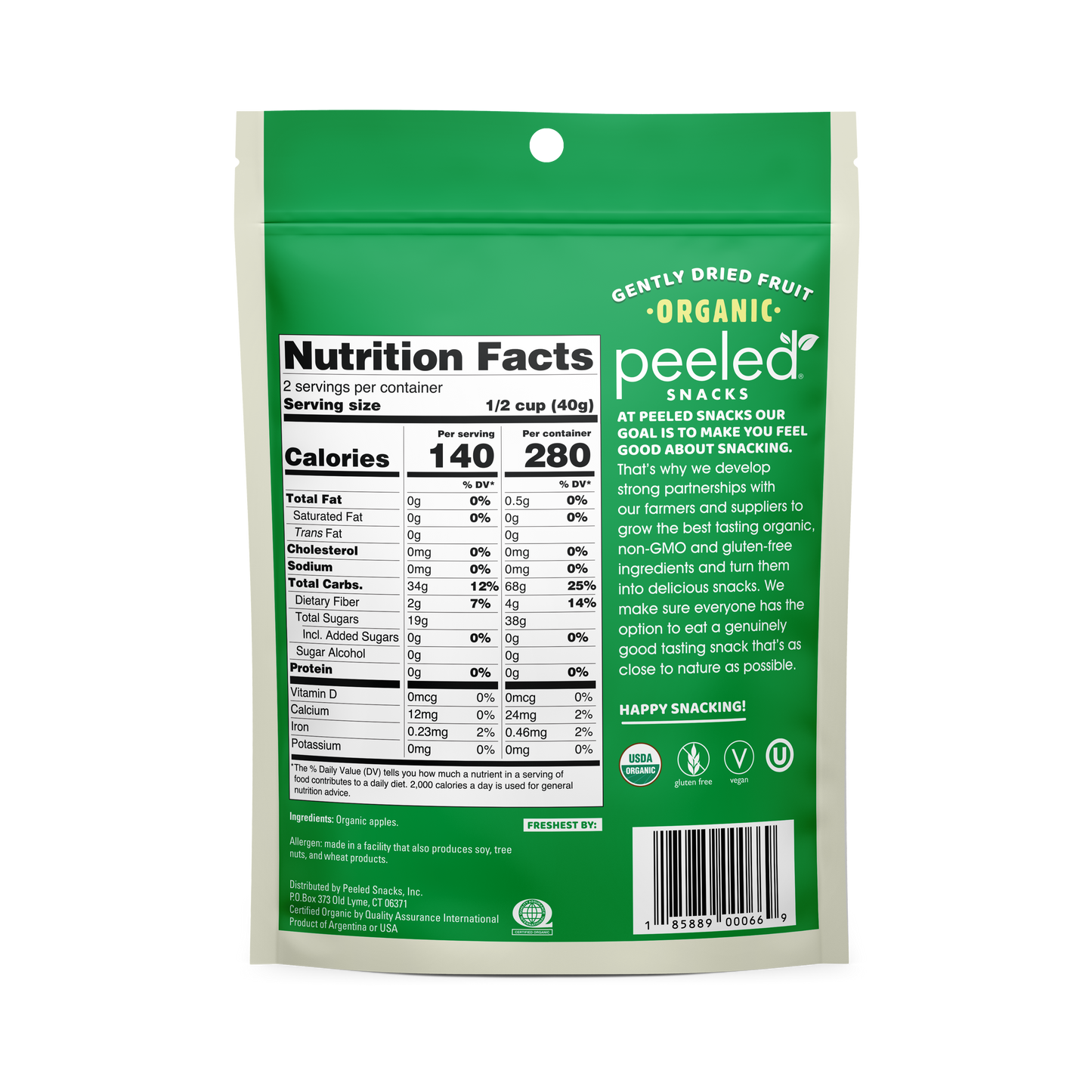 Peeled Snacks product packaging, a vibrant green and white pouch of Gently Dried Organic Fruit, featuring a detailed Nutrition Facts label showing 140 calories per serving and prominent USDA Organic, Gluten-Free, and Vegan certifications, against a clean white studio background