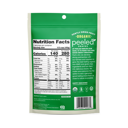 Peeled Snacks product packaging, a vibrant green and white pouch of Gently Dried Organic Fruit, featuring a detailed Nutrition Facts label showing 140 calories per serving and prominent USDA Organic, Gluten-Free, and Vegan certifications, against a clean white studio background