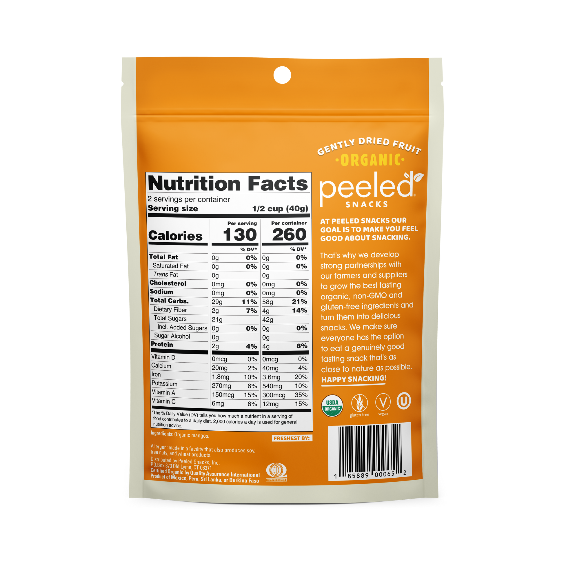 Peeled Snacks organic gently dried mangoes package, vibrant orange and white, prominently displays Nutrition Facts, USDA Organic, gluten-free, and vegan logos