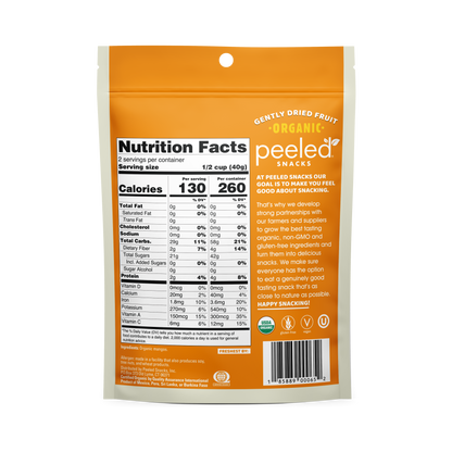 Peeled Snacks organic gently dried mangoes package, vibrant orange and white, prominently displays Nutrition Facts, USDA Organic, gluten-free, and vegan logos