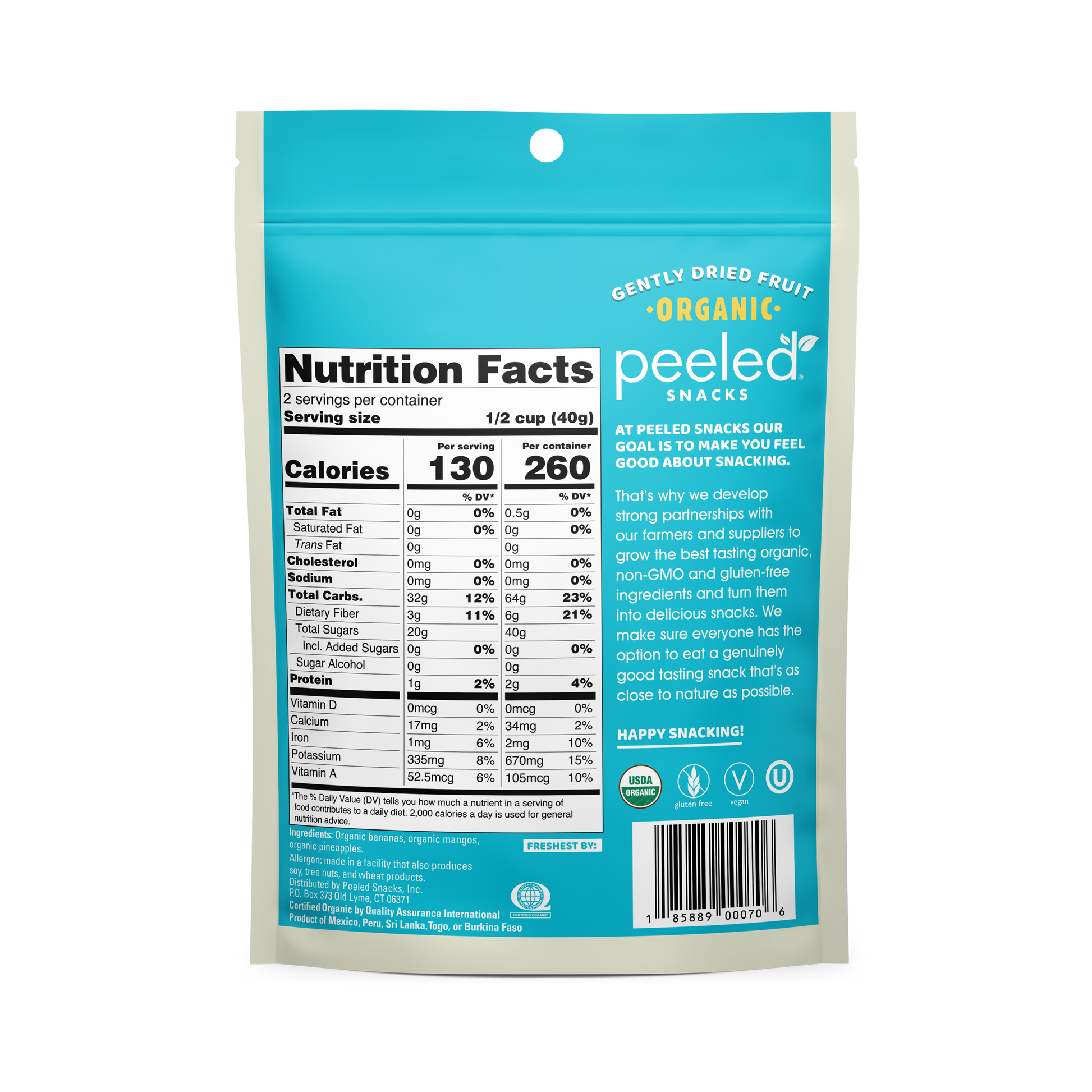 Product photograph of a Peeled Snacks Gently Dried Organic Fruit pouch featuring vibrant teal and off-white packaging, a prominent Nutrition Facts label, and the distinct Peeled brand logo with USDA Organic certification