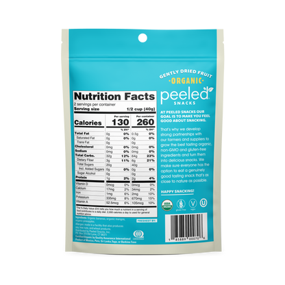 Product photograph of a Peeled Snacks Gently Dried Organic Fruit pouch featuring vibrant teal and off-white packaging, a prominent Nutrition Facts label, and the distinct Peeled brand logo with USDA Organic certification