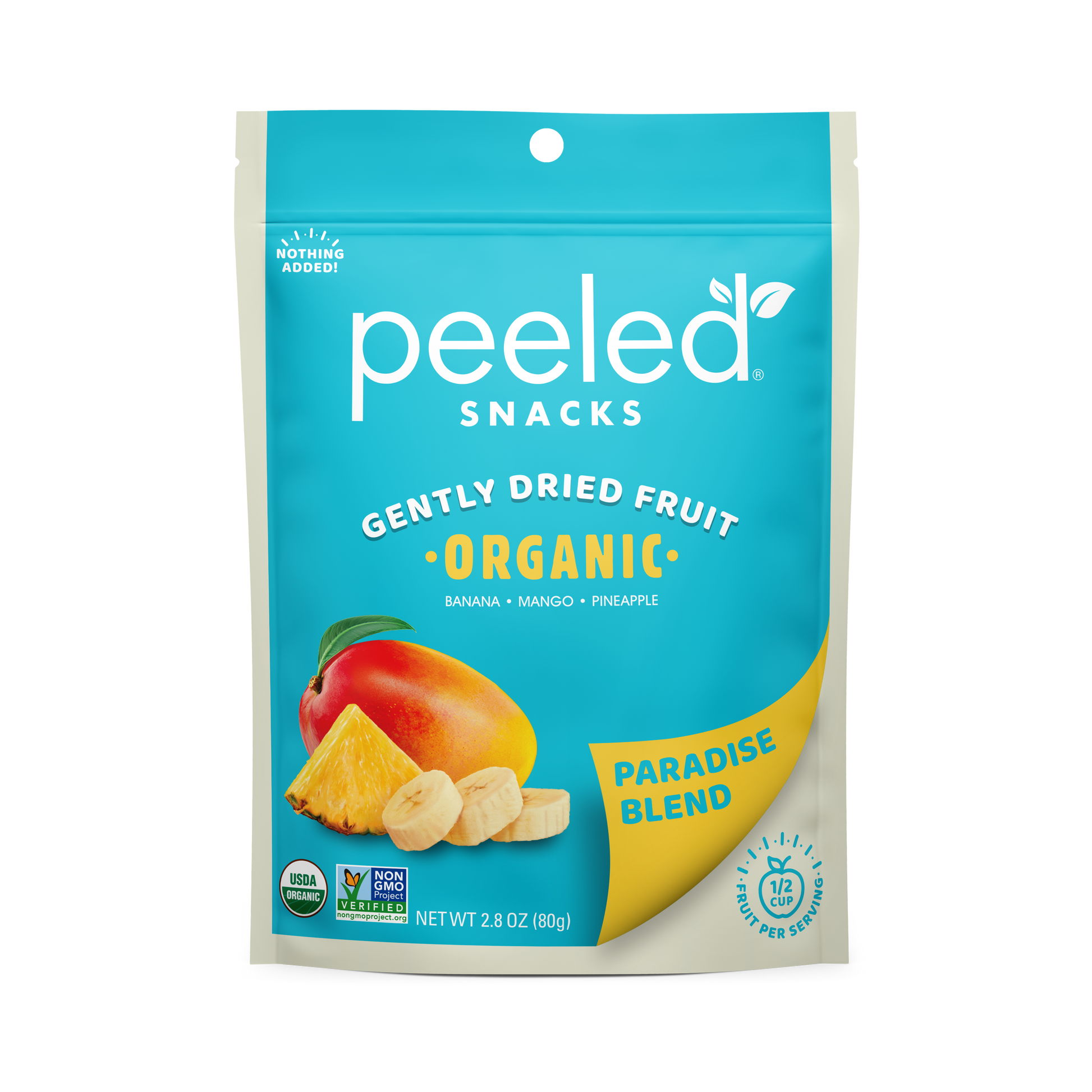 Product packaging showing a vibrant turquoise blue Peeled Snacks Gently Dried Fruit Paradise Blend pouch featuring a ripe mango, a golden pineapple slice, and three white banana rounds, clearly marked USDA Organic and "Nothing Added"