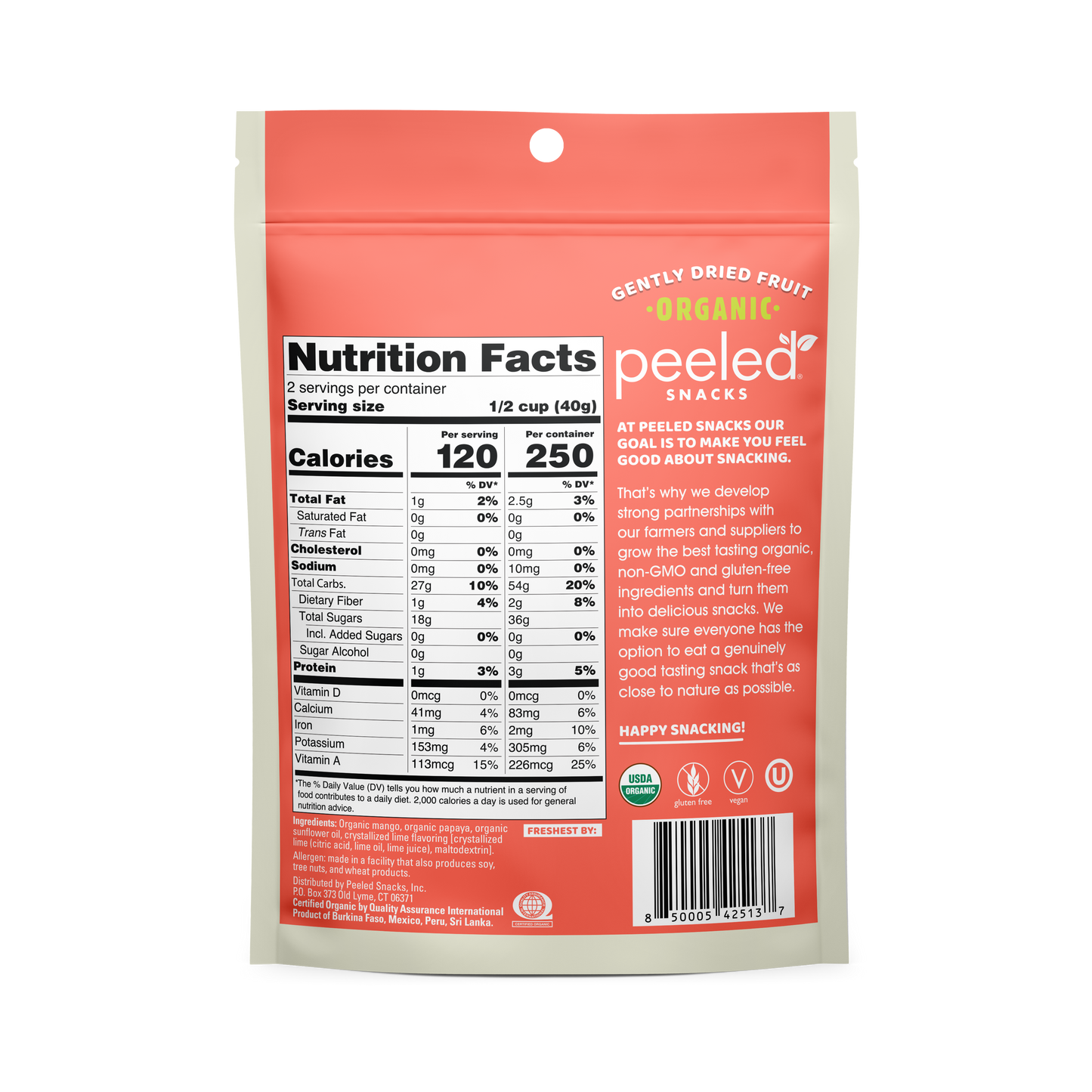 Product photography by Peeled Snacks of a coral and white bag of organic gently dried fruit displaying nutrition facts and USDA Organic, Vegan, and Gluten-Free logos