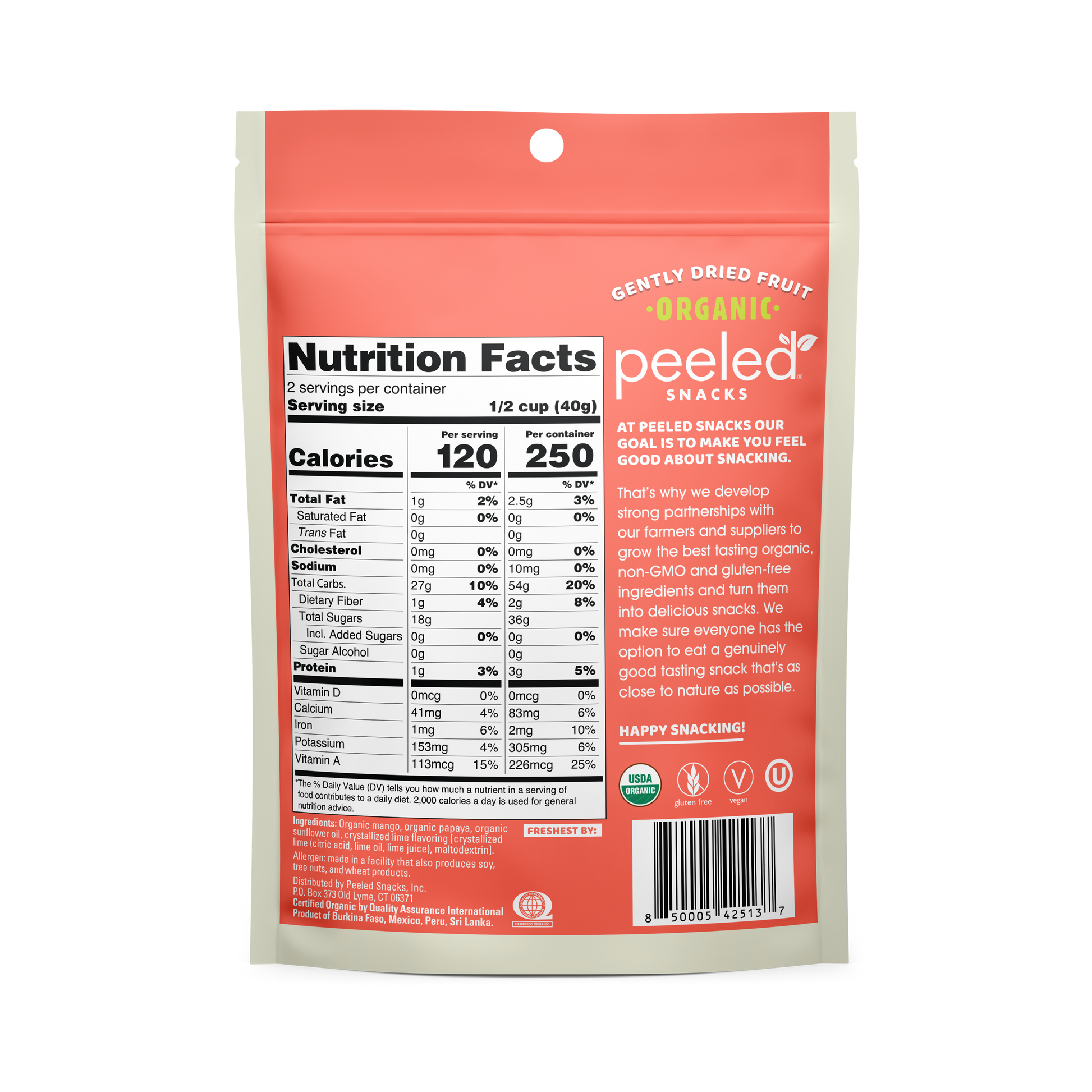 Product photography by Peeled Snacks of a coral and white bag of organic gently dried fruit displaying nutrition facts and USDA Organic, Vegan, and Gluten-Free logos