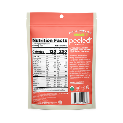 Product photography by Peeled Snacks of a coral and white bag of organic gently dried fruit displaying nutrition facts and USDA Organic, Vegan, and Gluten-Free logos