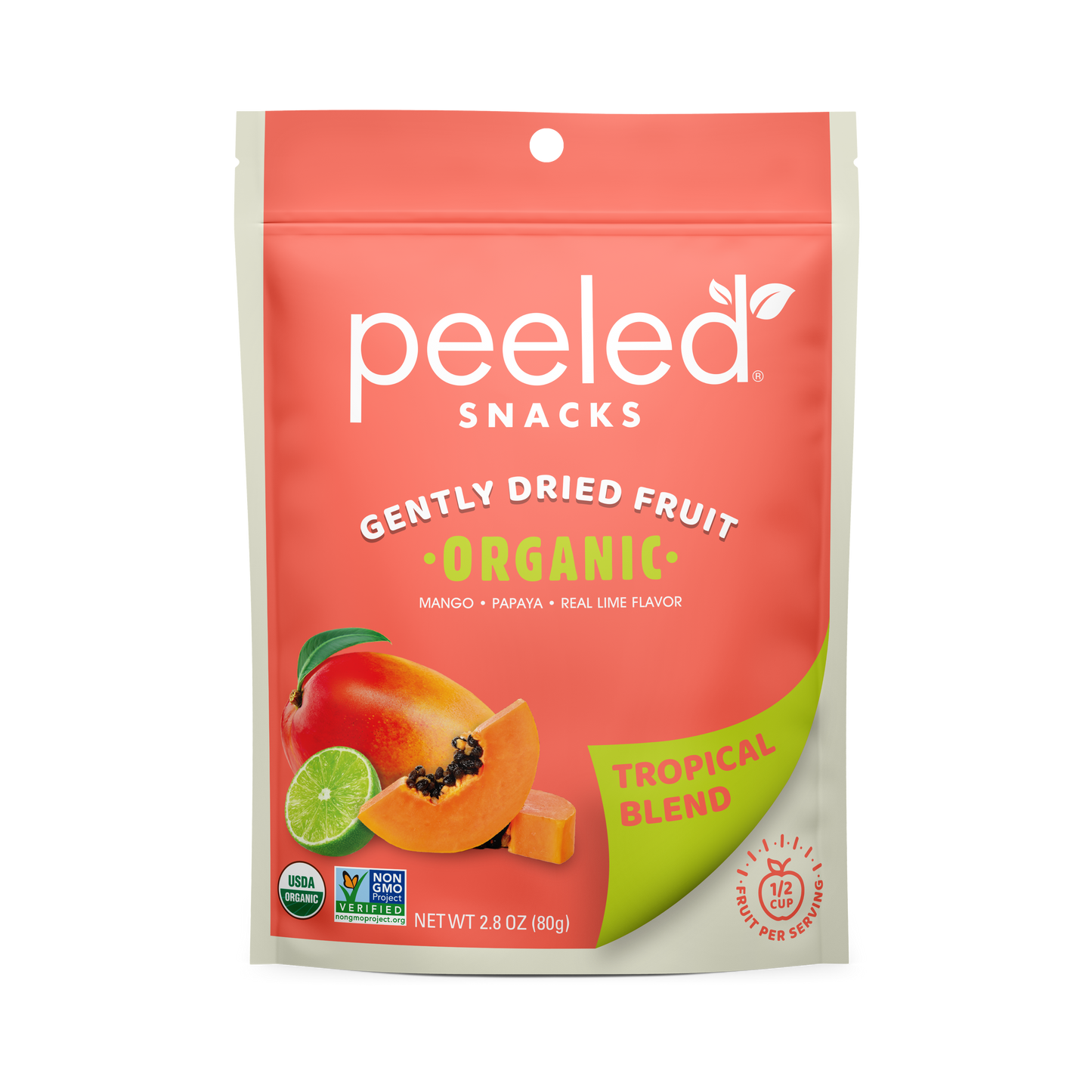 Peeled Snacks Gently Dried Fruit Organic Tropical Blend packaging, featuring a vibrant coral pink and lime green design, illustrations of fresh mango papaya and lime, and USDA Organic and Non-GMO Project Verified seals