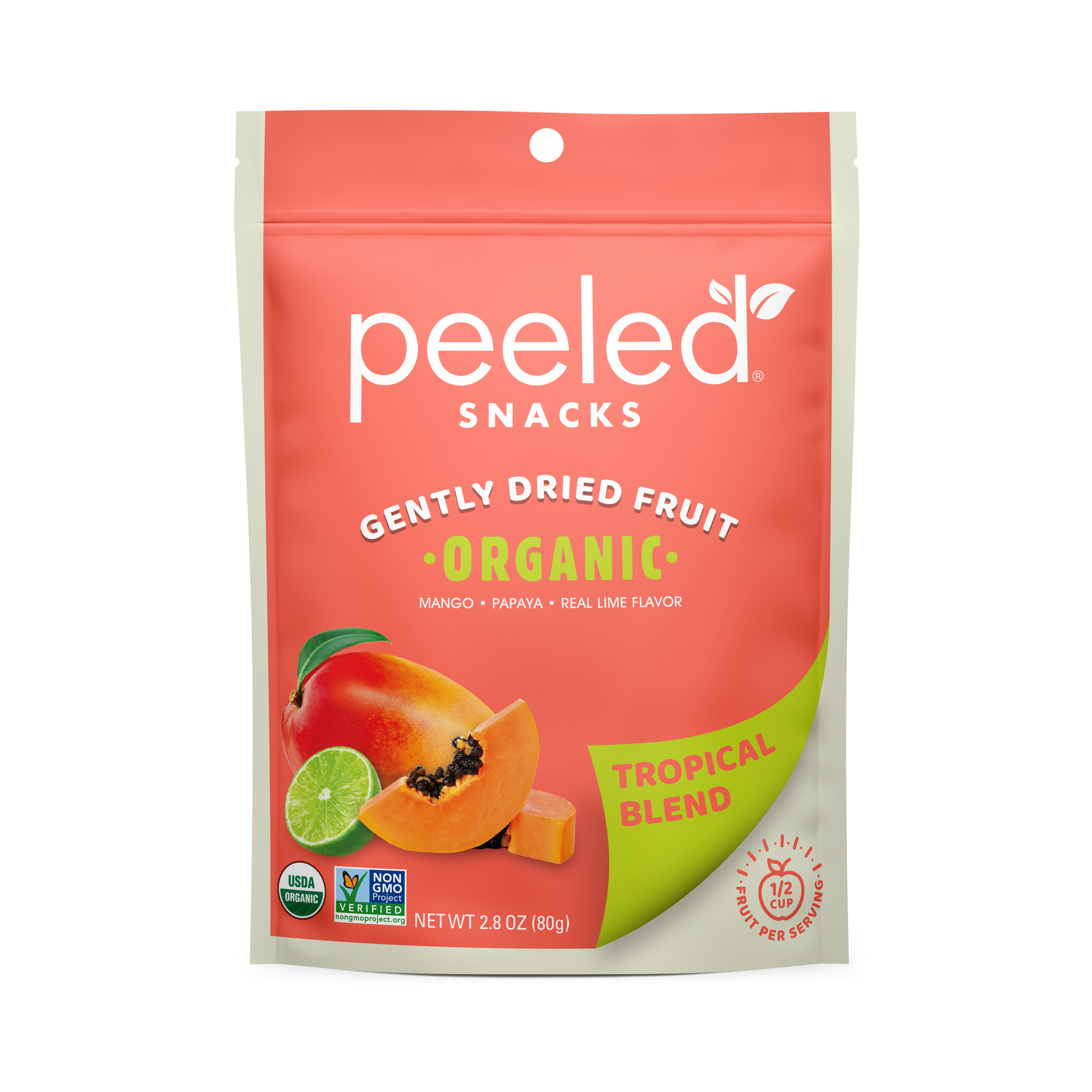 Peeled Snacks Gently Dried Fruit Organic Tropical Blend packaging, featuring a vibrant coral pink and lime green design, illustrations of fresh mango papaya and lime, and USDA Organic and Non-GMO Project Verified seals