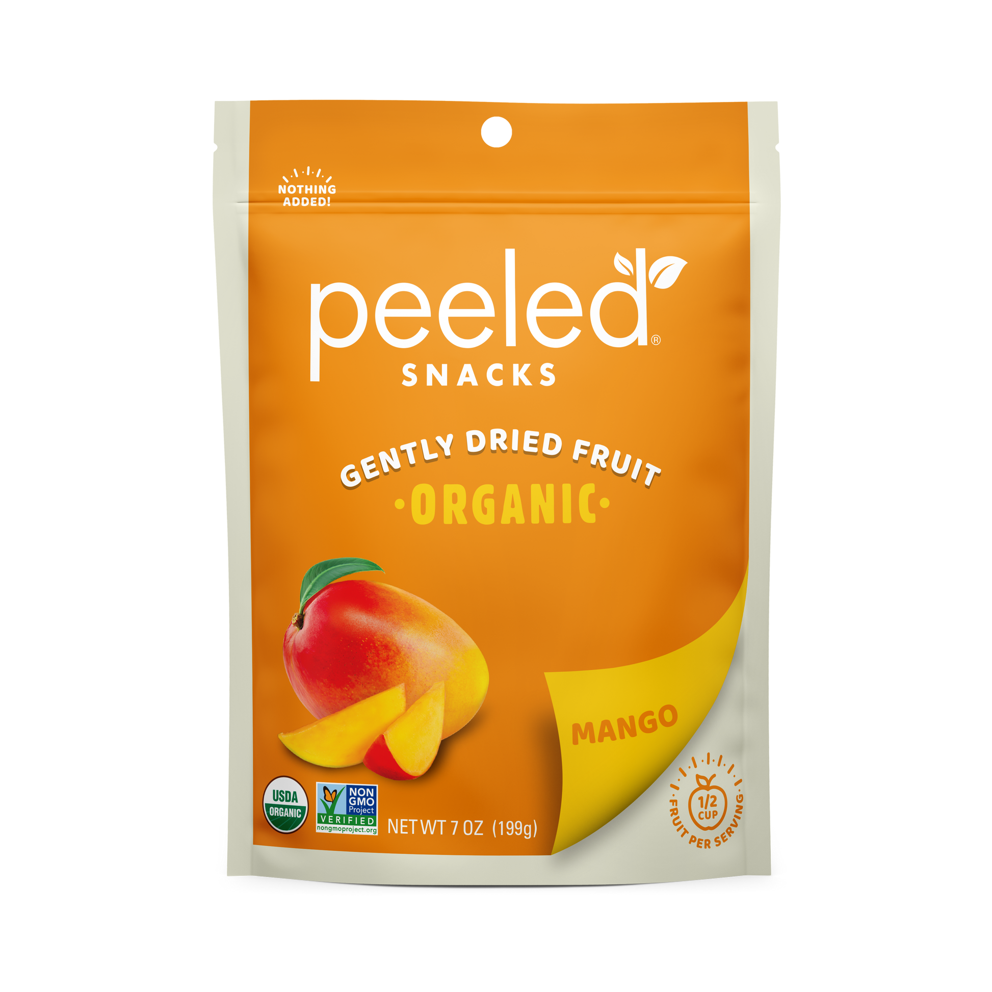 Peeled Snacks Gently Dried Organic Mango fruit snack pouch features vibrant orange and yellow packaging with an illustration of a ripe mango and slices, prominently displaying USDA Organic and Non GMO Project Verified seals