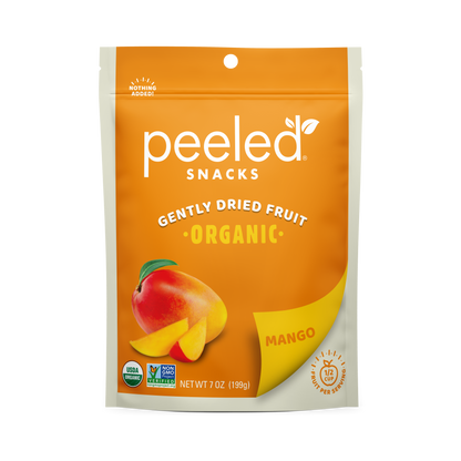 Peeled Snacks Gently Dried Organic Mango fruit snack pouch features vibrant orange and yellow packaging with an illustration of a ripe mango and slices, prominently displaying USDA Organic and Non GMO Project Verified seals