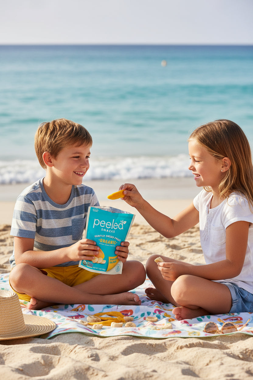Two smiling children sharing Peeled Snacks organic dried fruit on a colorful flamingo-patterned beach blanket with the turquoise ocean in the background