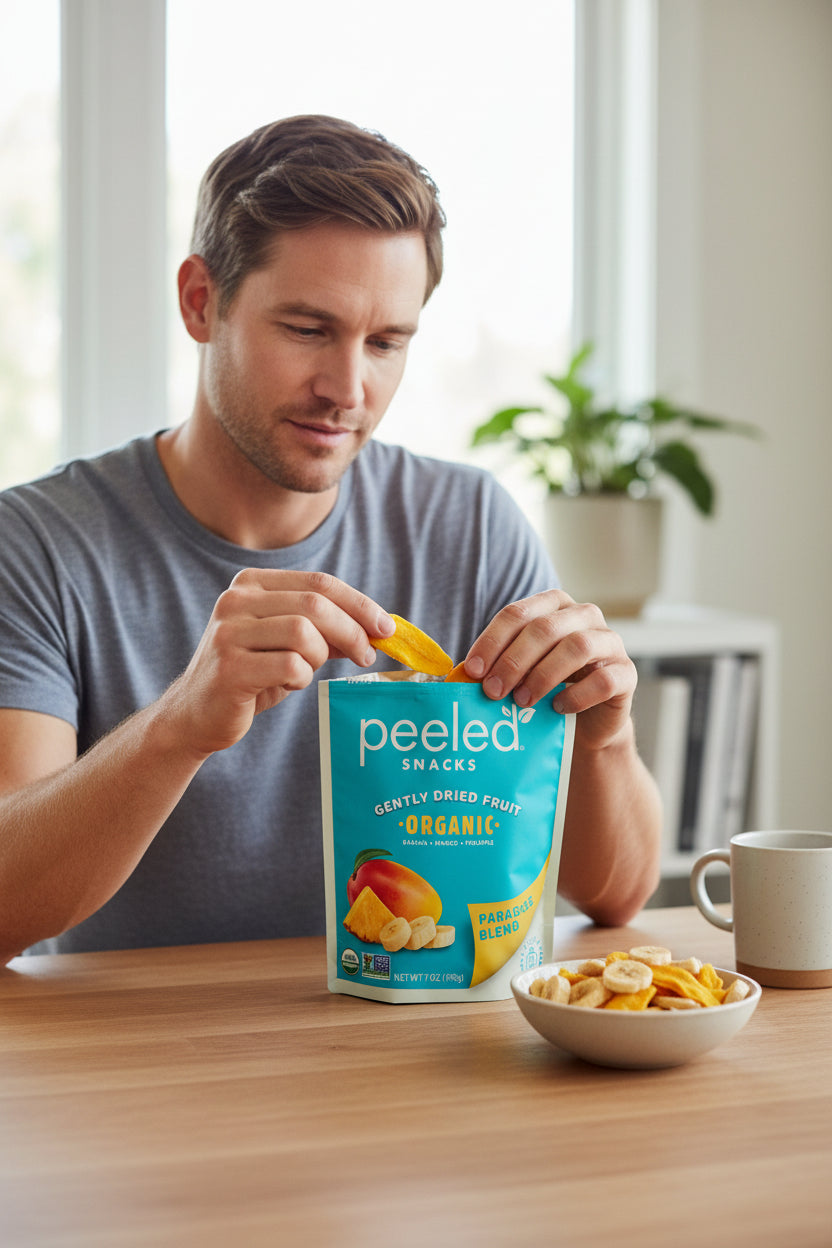 A man in a grey t-shirt opens a blue and yellow Peeled Snacks Organic Gently Dried Fruit Paradise Blend bag, pulling out a yellow mango piece, with a white bowl of banana and mango dried fruit and a ceramic mug on a light wooden table