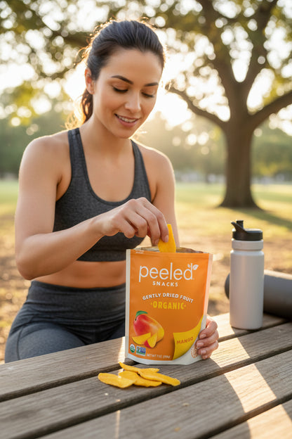 Photograph of a smiling woman in gray athletic wear enjoying organic mango dried fruit from an orange Peeled Snacks pouch at a wooden picnic table in a sunlit park alongside a white water bottle and yoga mat