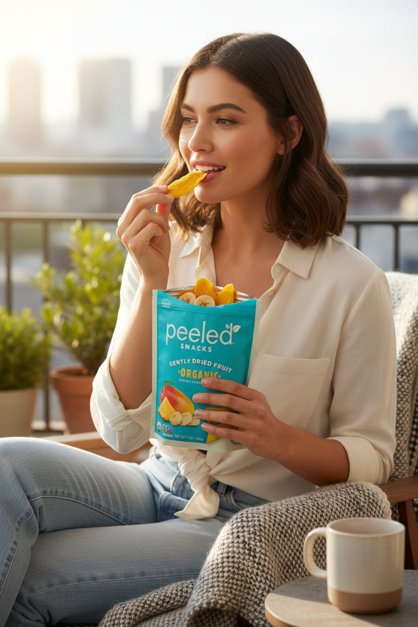 Commercial photography: A smiling woman on a modern balcony eats a yellow dried mango from a teal Peeled Snacks organic dried fruit bag, with a blurred city skyline and potted plants bathed in golden hour light