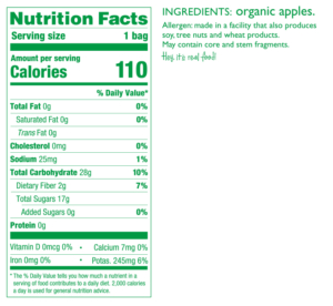 Peeled Snacks Dried Organic Apple Single Serving Nutrition Fact
