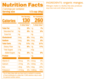 Peeled Snacks Dried Organic Mango Nutrition Fact