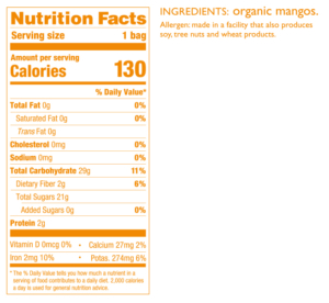 Peeled Snacks Dried Organic Mango Single Serving Nutrition Fact